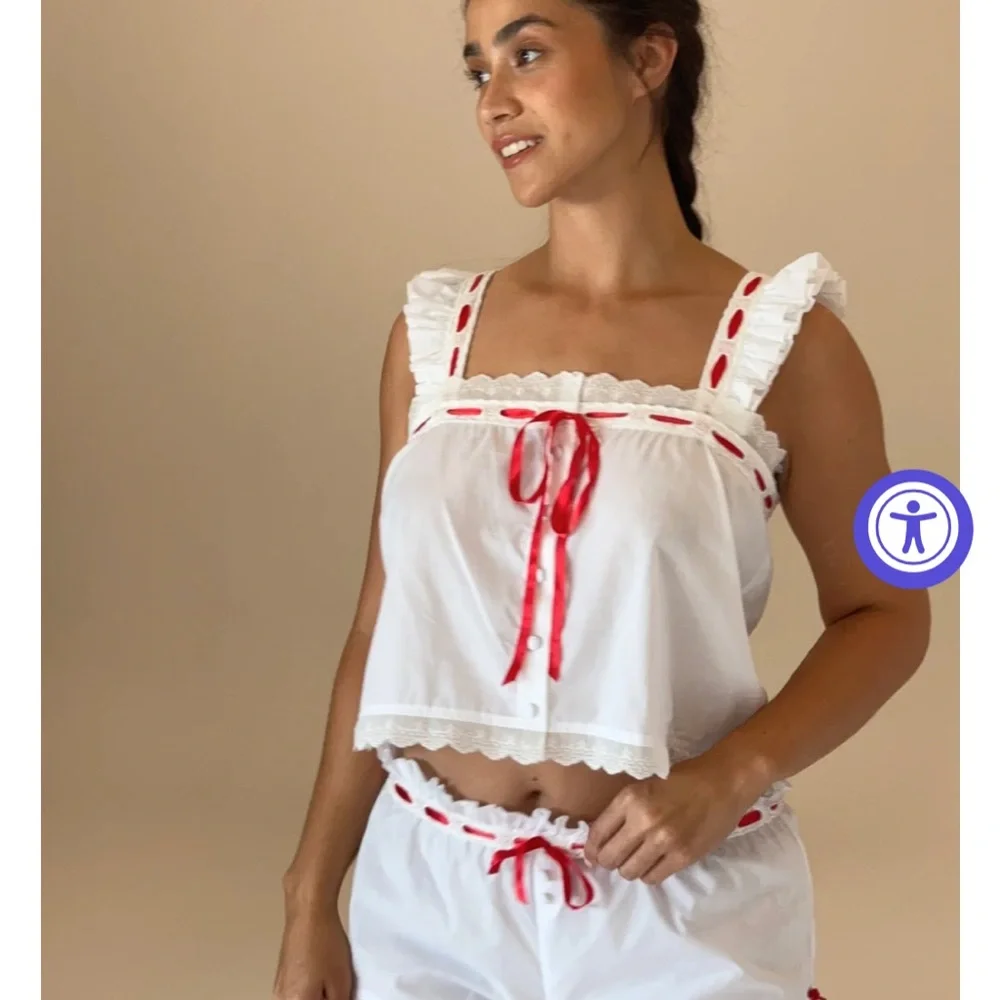 The Bar White Red Jac Ribbon Sleep Top M - Picture 3 of 4